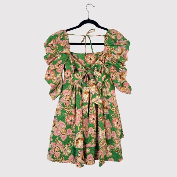 Misa Dress Green Kate Mini Ruched Puffed Floral Pintuck Tie Back A Line Boho XS - Picture 4 of 13